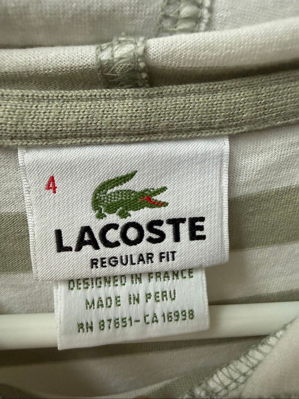 Lacoste Stripe Tshirt Hoodie Mens Size 4 S M Sage Green Striped Lightweight Pull - Picture 5 of 8
